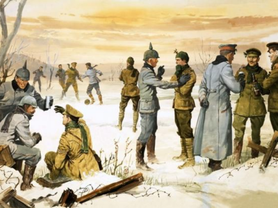 Image of the WWI Christmas Truce, as envisioned by an artist decades later