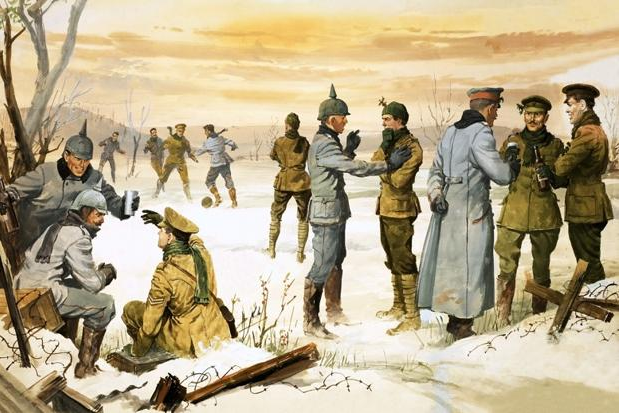 Image of the WWI Christmas Truce, as envisioned by an artist decades later
